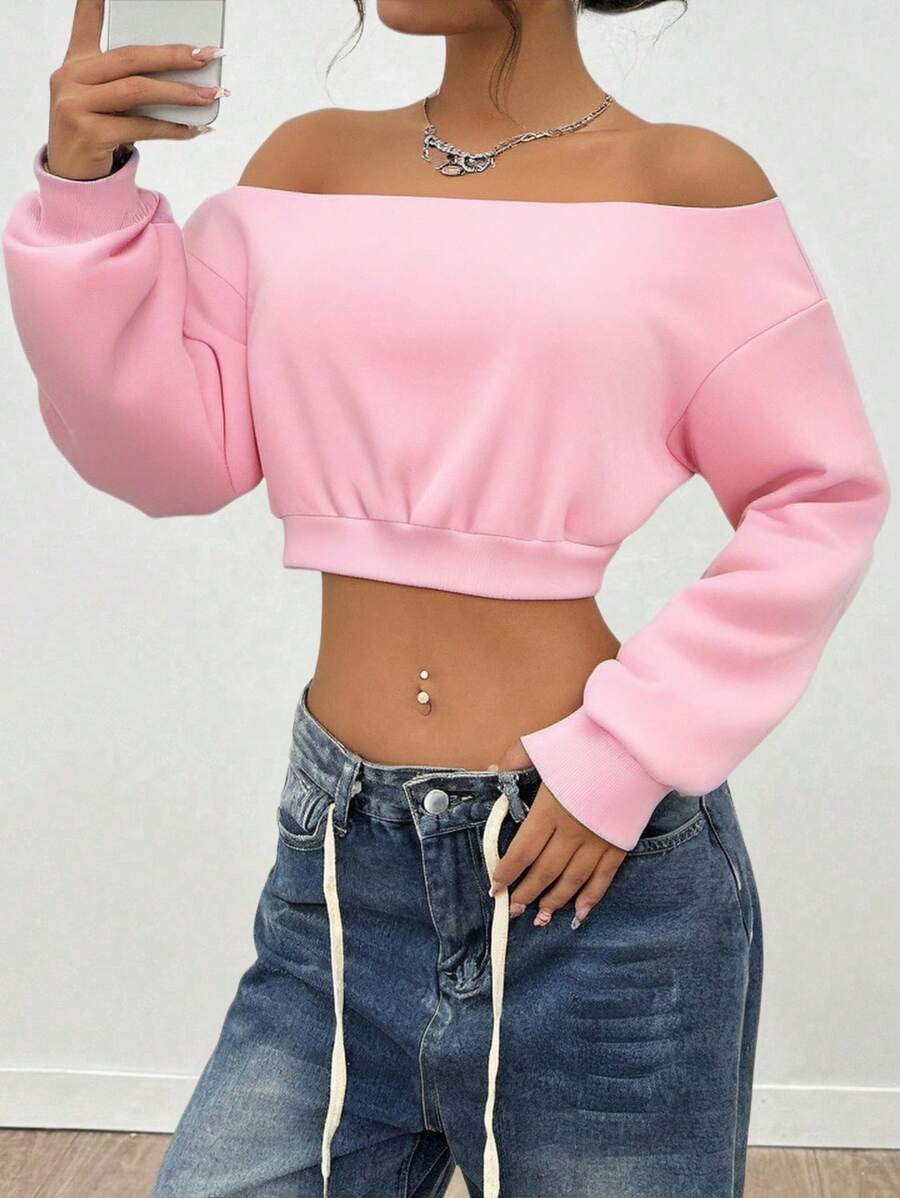 SHEIN Unity Áo nỉ dài tay trễ vai màu hồng lệch vai thường ngày - Hồng - Xem 1