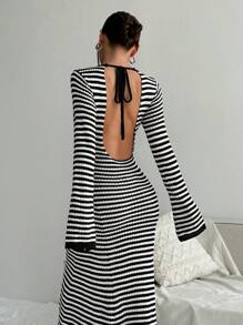 SHEIN Unity Damen Mode Offene Rücken Schnürung Gestreift Lang Strickkleid - Schwarz und Weiss - Übersicht 4