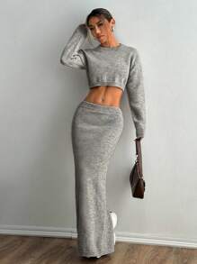 Flirla 2pcs/Set Casual Solid Color Cropped Sweater & Mini Skirt, Suitable For Autumn & Winter