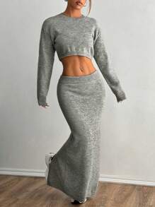 Flirla 2pcs/Set Casual Solid Color Cropped Sweater & Mini Skirt, Suitable For Autumn & Winter