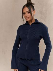 MISSGUIDED Ribbed Knit Zip Front Two Piece Outfit Winter Fall Long Sleeve Bell Bottom Pant Set Contemporary Loungewear Athleisure Activewear Co-Ord - Navy Blue - View 3