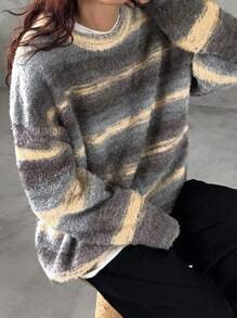FRIFUL Damen lässiger, locker sitzender Strickpullover mit Kontrastfarbe und Drop-Shoulder für Herbst/Winter