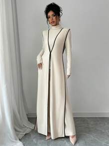 Elenzga 3-delige set dames gebreide fluwelen geribbelde hoge hals colorblock lange jumpsuit