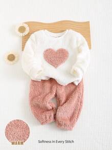 Cozy Pixies 女童冬季爱心刺绣蓬松上衣和裤子睡衣套装