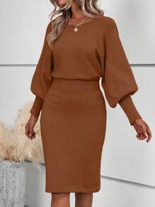 Almamuse Women's Solid Color Round Neck Gigot Sleeve Fitted Elegant Sweater Dress, Autumn/Winter Brown Dress Fall Cloth For Women - Redwood - View 5