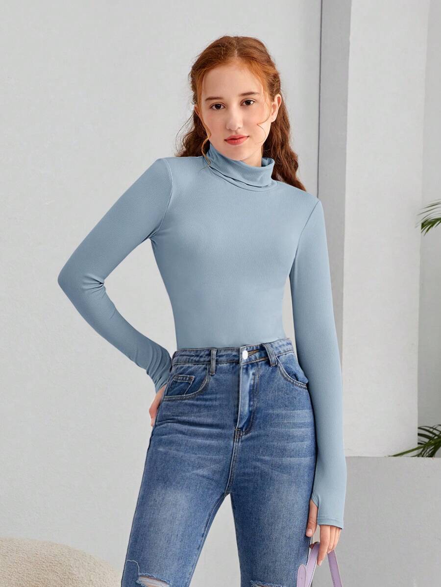 Áo thun tay dài cổ cao ôm sát đơn giản cho bé gái tuổi teen - Màu xanh bụi bặm - Xem 1