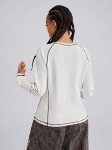 SHEIN EZwear Women's Y2K Fashion Star Pattern Textured Waffle Knit White Long T-Shirt - White - View 3