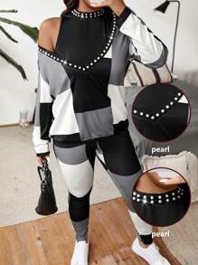 Calvaya Plus Size Casual Colorblock Plaid Beaded Decor Long Sleeve Top, Pants & Vest 3pcs Suit Set, Autumn