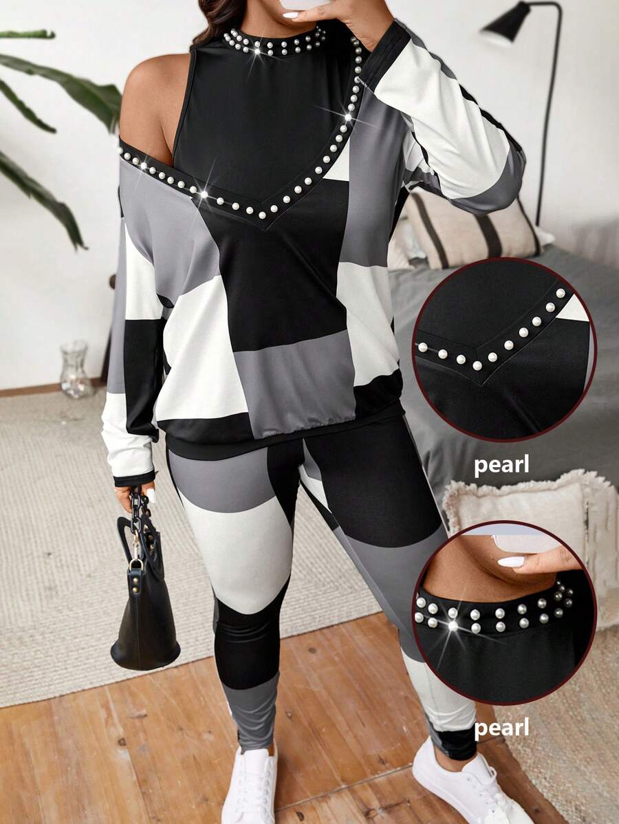 Calvaya Plus Size Casual Colorblock Plaid Beaded Decor Long Sleeve Top, Pants & Vest 3pcs Suit Set, Autumn