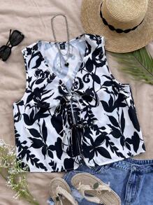 Soleia 大码女式复古印花 V 领无袖系带开衫上衣