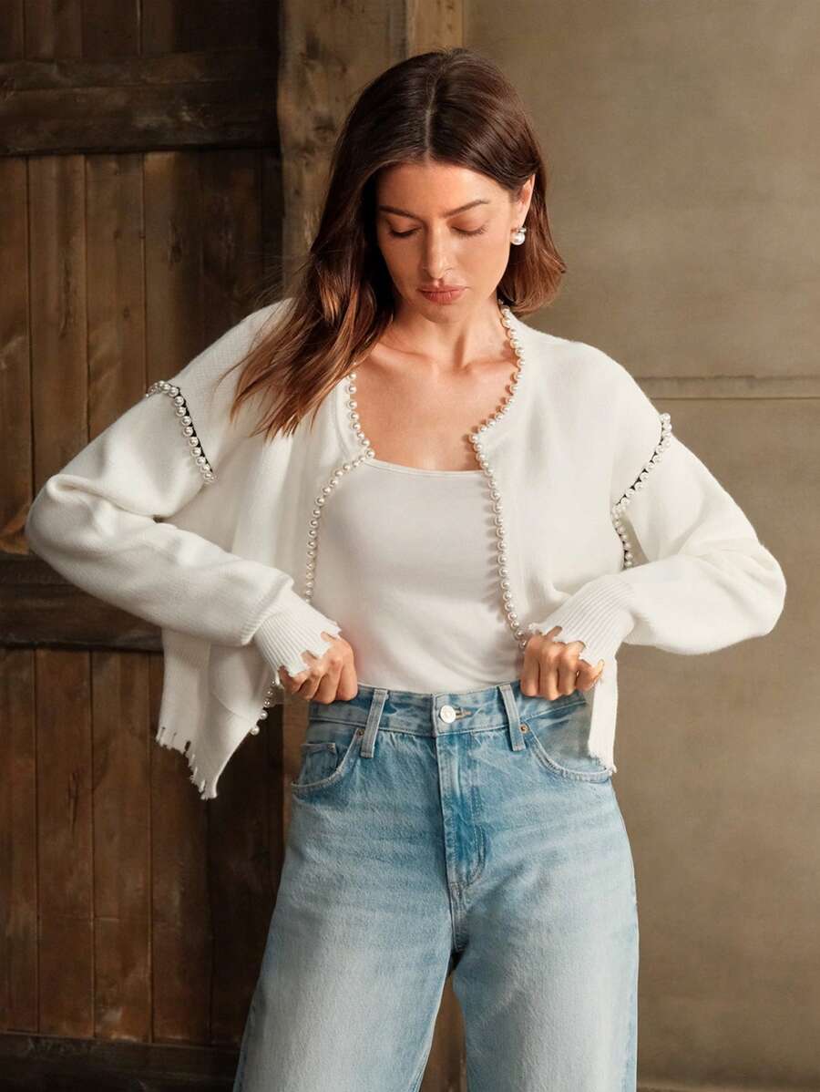 Anewsta Women Short Cardigan Sweater With Beaded Detail,Fringe Trim, Long Sleeve, Solid Color, Round Neck