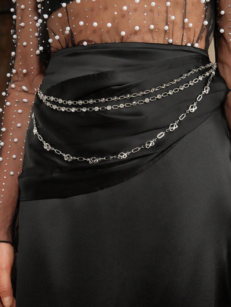 Metallic Chain Satin Pleated Waist Skirt For Women, Stylish