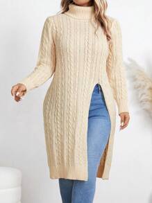 SHEIN LUNE 大码纯色高领开衩长袖休闲套头毛衣针织衫秋冬款 - 米色 - 查看 9