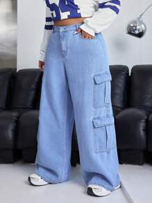 SHEIN ICON Plus Size Blue Zipper Front Pocket Workwear Denim Jeans - Light Wash - View 5