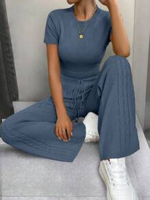 SHEIN LUNE 2 件套女士休闲舒适圆领毛衣 - 藍色 - 查看 7