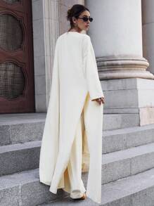 SHEIN Essnce Bộ đồ nữ thu đông 2024 Quần ống rộng thường ngày + Áo ngực đệm ống + Áo len cardigan dài tay xẻ tà dài thêm cho nữ Bộ ba món, Đồ mặc nhà rộng rãi và thường ngày, Bộ ba món dài thoải mái và thân thiện với da - Màu be - Xem 2