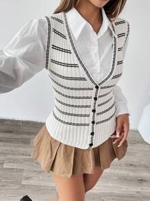 SHEIN Unity Ladies Front Button Sleeveless Striped Minimalist Casual Sweater Vest - White - View 4
