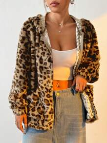 Muchica 豹纹蓬松宽松连帽拉链开衫