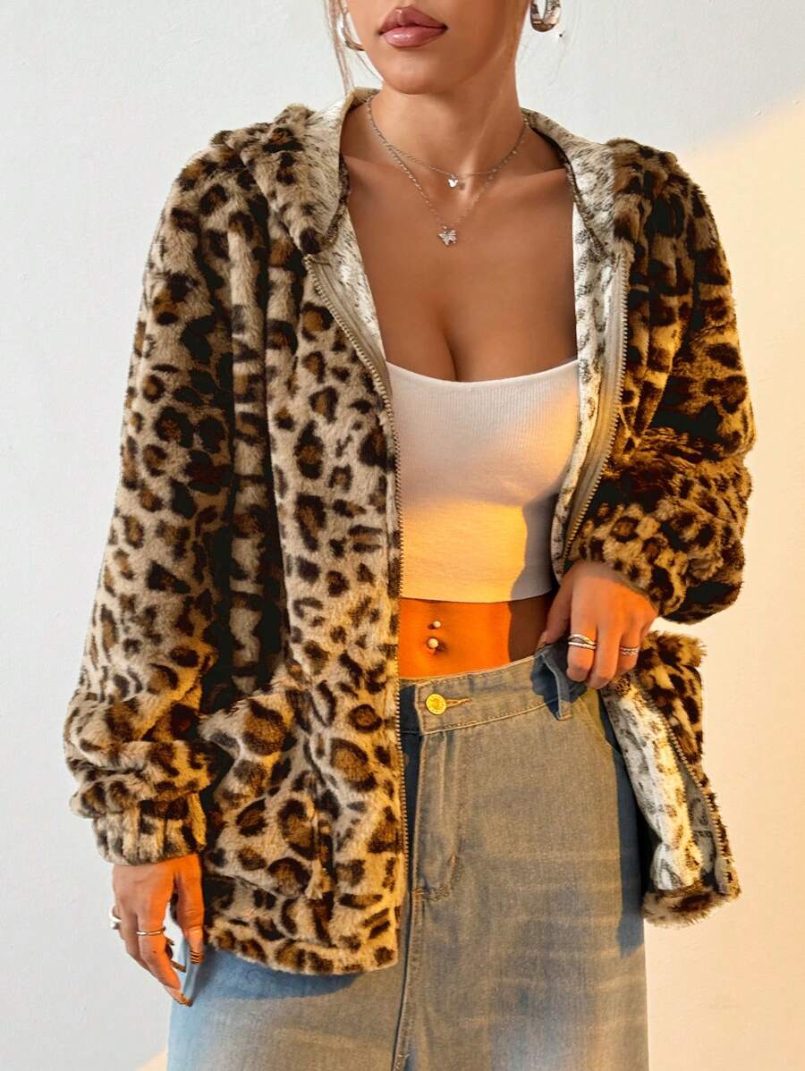 Muchica 豹纹蓬松宽松连帽拉链开衫