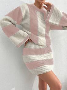 SHEIN Cottnline Women Striped Knit Design Oversize Sweater And Knit Skirt Set - Pink - View 2