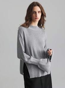 Ontre 女士复古优雅休闲 6% 羊毛圆领毛衣，喇叭袖口，侧开衩，灰色，适合秋季、新年， - 灰色 - 查看 5