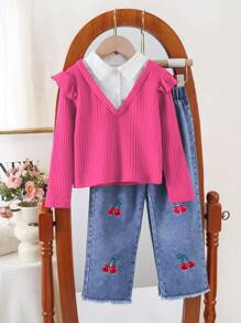 SHEIN Set de 2 piezas para niñas jóvenes con camiseta retro 2 en 1 + pantalones vaqueros de mezclilla con bordado de cerezas - Rosa Fucsia - Ver 6