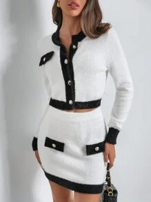 SHEIN Privé 2pcs Women's Contrast Color Cardigan Sweatshirt And Mini Skirt Knit Set - Black and White - View 5