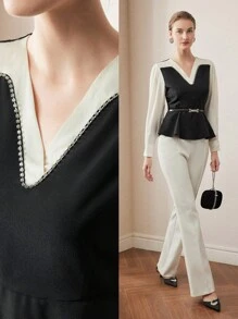 MOTF PREMIUM TWO TONE V-NECK LANTERN SLEEVE PEPLUM TOP WITHOUT BELT