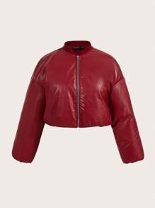 SHEIN BAE Plus Size Fall 1pc Elegant Street Motorcycle Women Burgundy Pu Leather Zipper Warm Short Winter Coat Halloween Go Out Music Festival - Burgundy - View 7