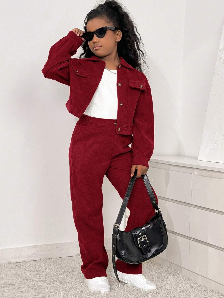 SHEIN 2 件套青少年女孩休闲复古学院风灯芯绒夹克和迷你裙，适合圣诞节 - 酒紅色 - 查看 1