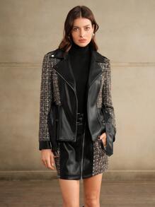 Anewsta Women Leather Paneled Zippered Moto Jacket, Fitted Waist Design