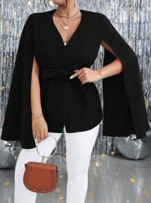 SHEIN Clasi Plus Size Solid Color Crossover Wrap Belt Cloak Sleeve Elegant Coat - Black - View 6