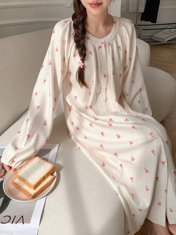 DAZY Striped Textured Floral Print Loose Nightgown, Back To School Pajama, Moo Moo, Fall, Winter