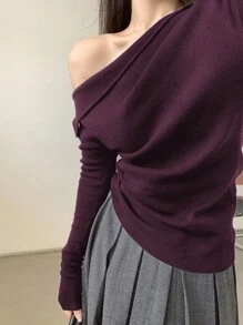 DAZY 女款休閒純色斜肩寬鬆針織毛衣，秋冬長袖上衣，適合校園穿搭 - 酒紅色 - 查看 5