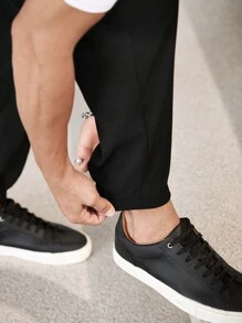 Manfinity Homme Men's Solid Color Front Lace-Up & Letter Print Pocket Casual Long Pants'