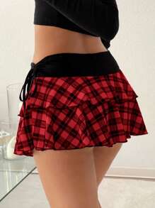 SHEIN EZwear 女士纯色系带简约休闲迷你裙 - 紅色 - 查看 2