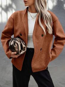 SHEIN LUNE 女士休闲纯色落肩宽松双排扣大衣，秋冬