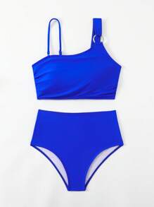 SHEIN Swim 女士度假纯色圆形链接不对称领口性感比基尼套装，分体比基尼套装，夏季海滩 - 寶藍色 - 查看 6