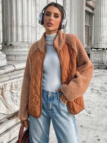 SHEIN LUNE Khaki Women Casual Fluffy Splice Pockets Jacket Basic Outerwear For Autumn/Winter