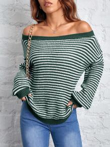 SHEIN PETITE Warm Striped Pattern Off-Shoulder Sweater For Going Out In Autumn And Winter - Green - View 7