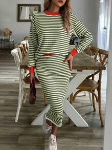 SHEIN LUNE 2pcs/Set Contrast Trim Striped Print Crew Neck Long Sleeve Top And Skirt Knit Sweater - Multicolor - View 3