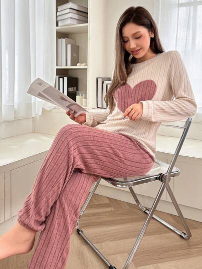 Heart And Letter Embroidered Thermal Lined Crew Neck Long Sleeve Pajamas Set, Autumn/Winter, Fall Winter Clothes, Cozy