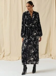 COSMINA Autumn/Winter Women All-Over Print V-Neck Long Sleeve Long Dress