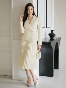 DAZY Vestido de talle medio elegante y minimalista con cuello plano, dobladillo plisado y unicolor, para la temporada de otoño