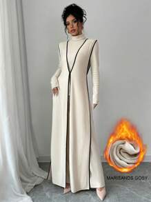 Elenzga 3-delige set dames gebreide fluwelen geribbelde hoge hals colorblock lange jumpsuit