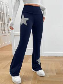 Muchica 女士星星印花松紧腰休闲喇叭腿运动裤 - 藏蓝色 - 查看 4
