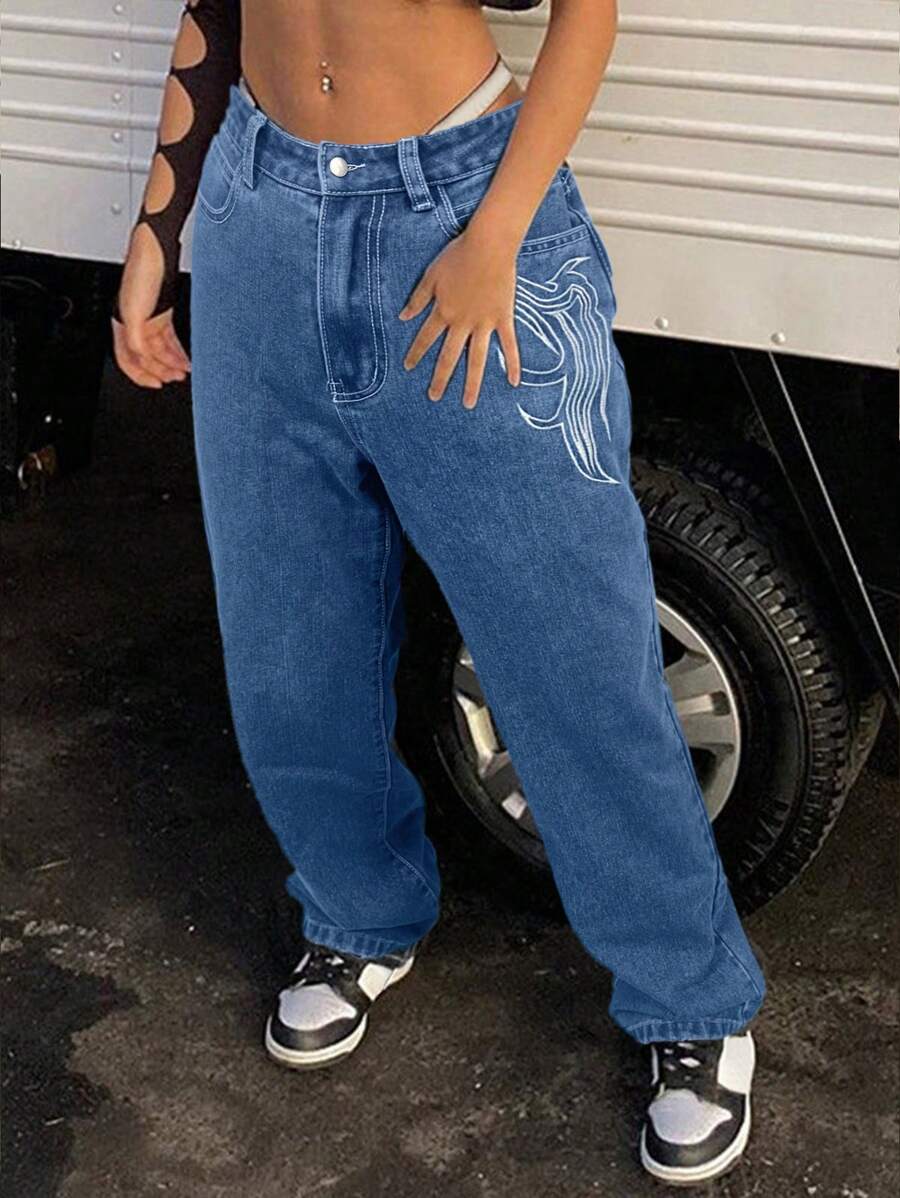 2024 Popular Straight-Leg Embroidered Denim Jeans - Medium Wash - View 1