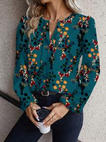 SHEIN Clasi Camisa holgada de mujer de manga larga con estampado verde retro minimalista casual, apta para otoño/invierno