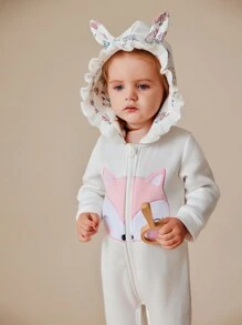 SHEIN 1pc Baby Girls' Cute Animal Embroidered Long Sleeve Hooded Romper, Autumn Winter