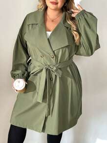 SHEIN CURVE+ Áo khoác trench coat cổ ve cong vai trễ hai hàng khuy có thắt lưng - xanh quân đội - Xem 6